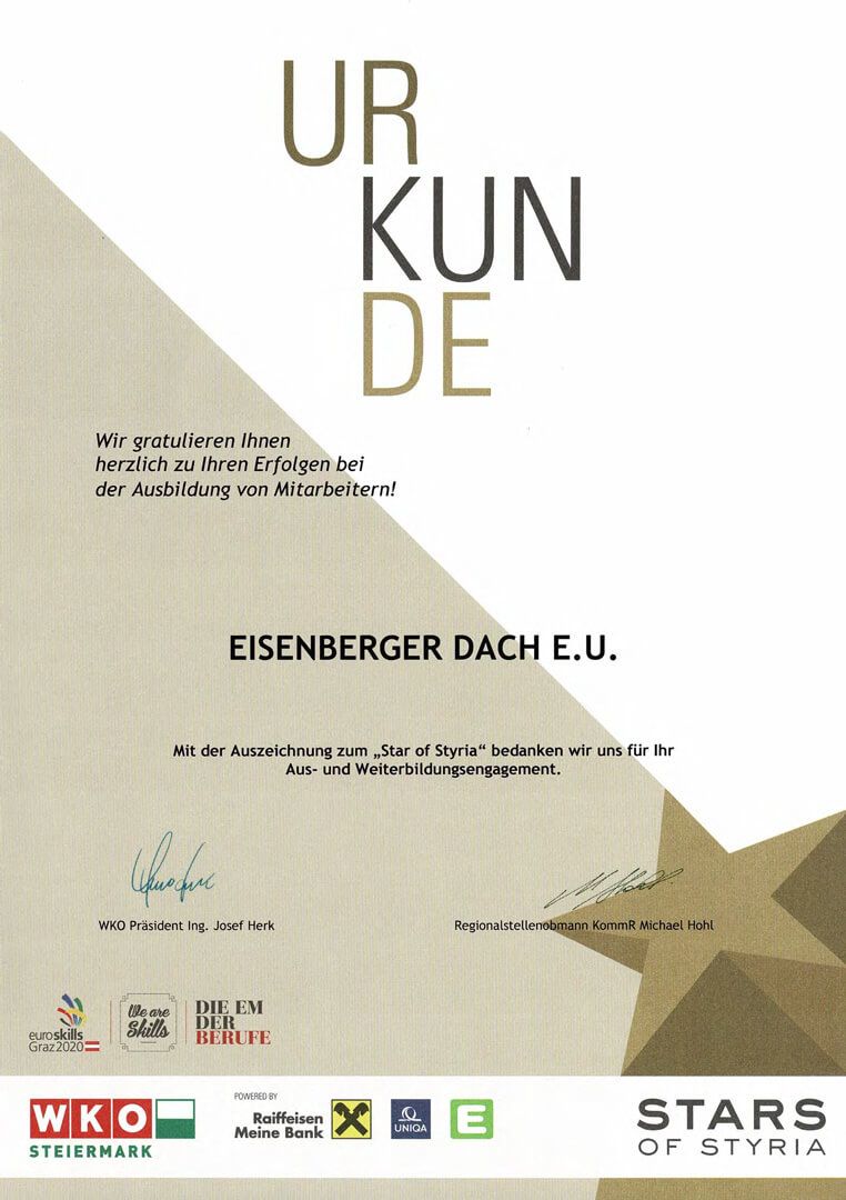 Auszeichnung Stars of Styria Urkunde
