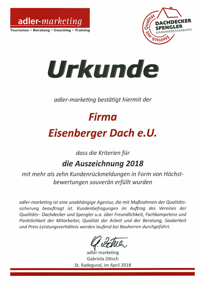 Auszeichnung - 2018 - Urkunde