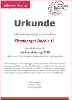 Urkunde Eisenberger Auszeichnung 2020
